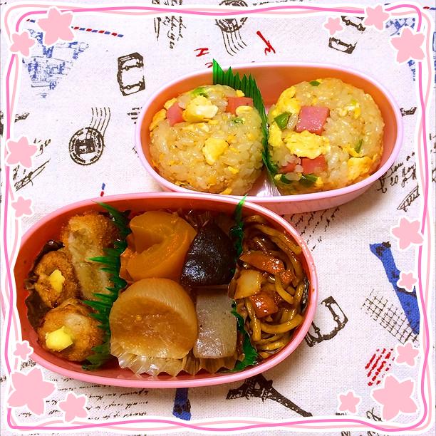娘の お弁当♬
炒飯おにぎり、肉巻きチーズ、コロッケ、焼きそば、煮物♡