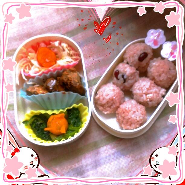 桜もだいぶ散りましたね。けど、お花見弁当風(*^^*)赤飯のお団子おにぎり、サラダ、ミニトマト、ほうれん草のおひたし、ぶりの味噌粕づけ！
300kcal越えだから、いつもよりちょっと多め！