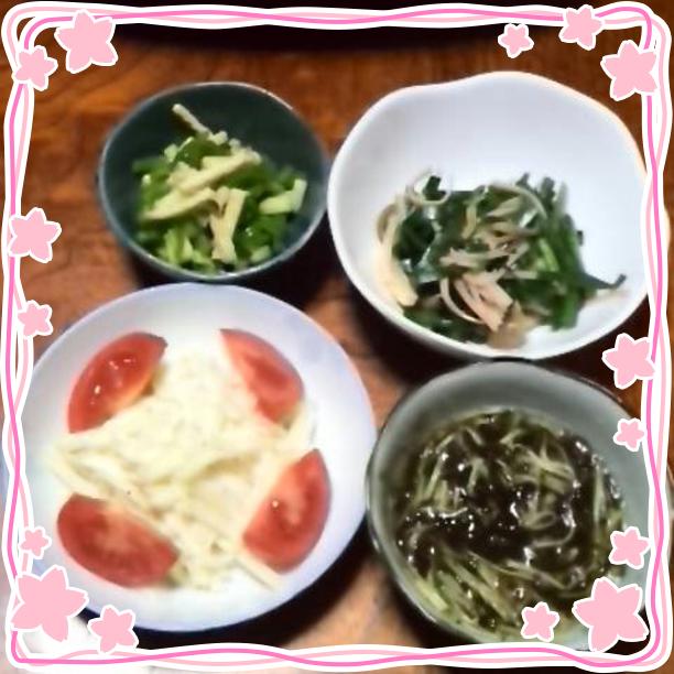 野菜づくし
*新玉ねぎとじゃがいも
*ピーマンとキュウリとうすあげ
*しめじとにらの炒め
*もずく酢
