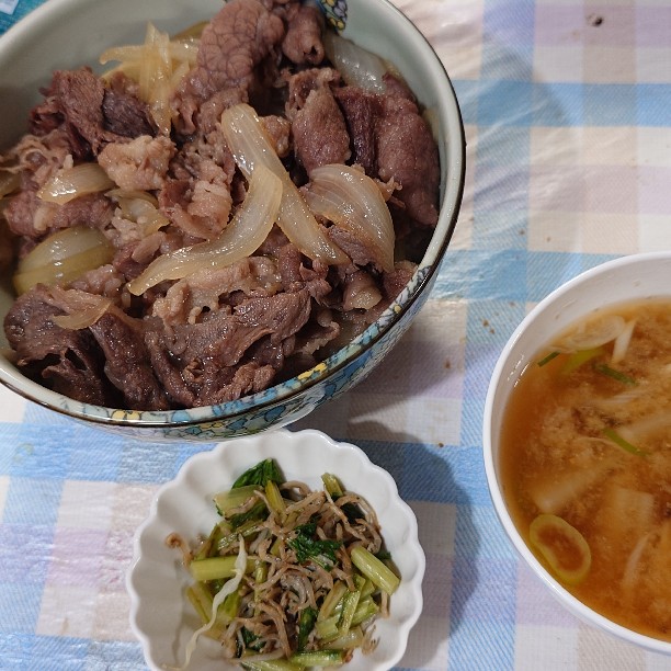 牛丼、カブの菜じゃこ炒め、カブの味噌汁