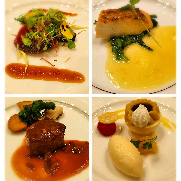 藁焼きカツオのたたき🐟🥗🏵️
鯛のポワレ🐟🥬🍊
牛ロースステーキ🥩🥬🥔
オレンジとホワイトチョコレートのムース仕立て🍫🍨🍓🍊
コーヒー☕️
パン&バター🥐🧈