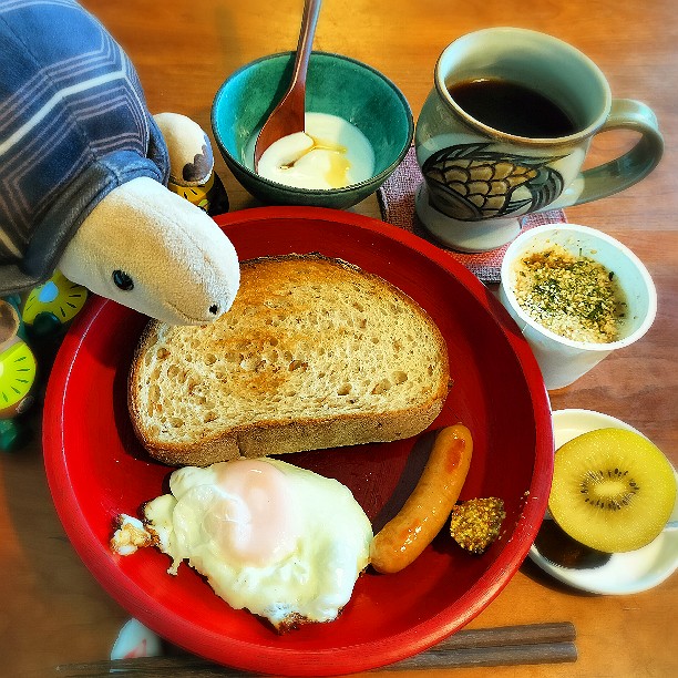 石窯玄米ブレッド🍞
目玉焼き🍳
ウインナー🐷
りんご酢アマニ油納豆🍎
はちみつヨーグルト🍯🐮
ゴールド🥝
コーヒー☕️🌄
