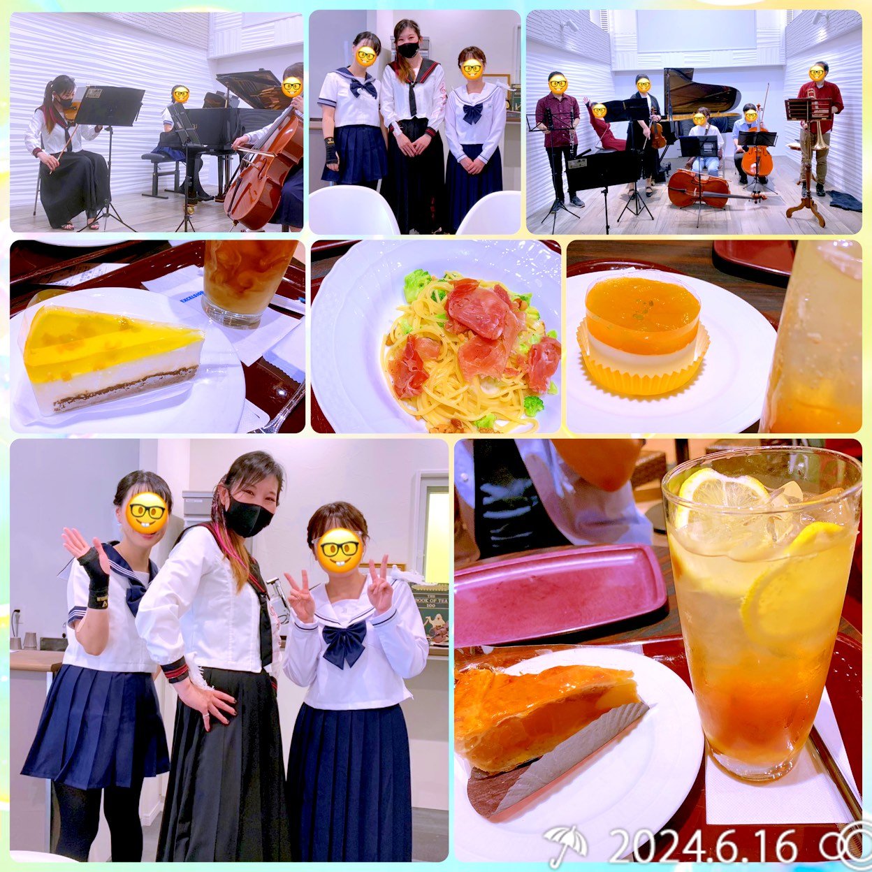 眼鏡👓っ子オフ会🎻午前中リハの後、開演までカフェで各々食べたいものを。
私はアップルパイ🍎とレモンティーなんとかソーダにしました。
会場へ戻って1曲めの衣装仕込んだら他の参加者の方から「似合いすぎꉂ🤣w‪𐤔」と言われた(*&gt;ω&lt;)b
肝心の演奏は…長袖&amp;生地が暑い学生服は暑すぎて、マスク😷もあって茹で上がりそうに暑く🥵
手汗で弦に付着する松脂が手にくっついてきてベタベタして左手のフレージングがスムーズに行かず😭
こんな事初めてでした💦が、まぁなんとか良い緊張感で弾ききった‼️