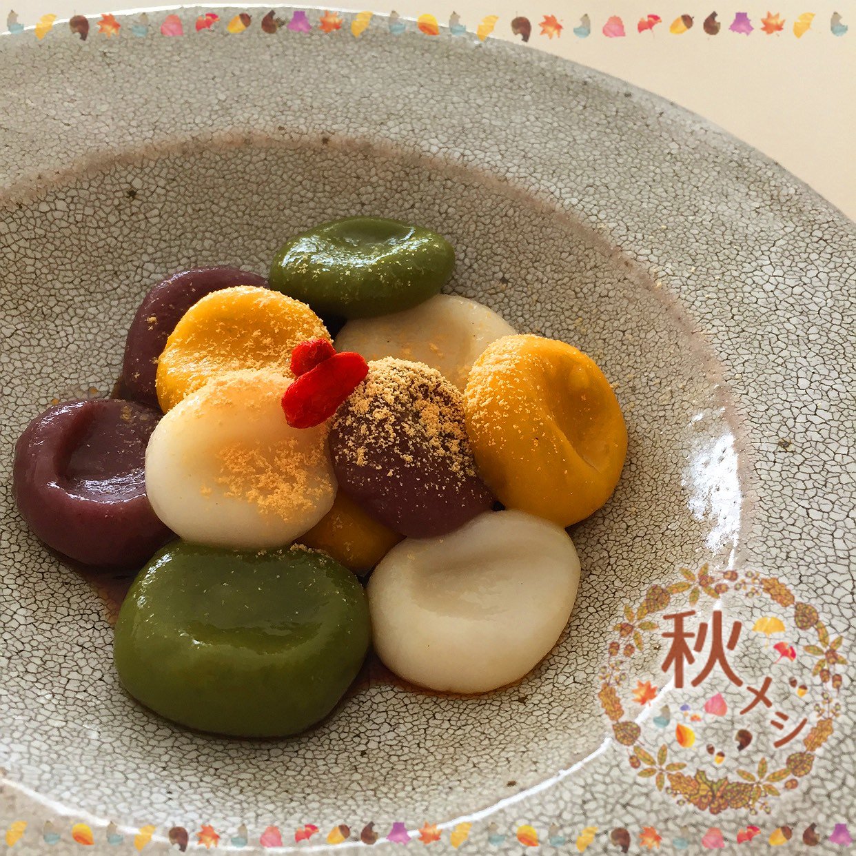 試作のカラフル白玉♪
＊カボチャココナッツオイル
＊一保堂のお抹茶
＊紫芋パウダー