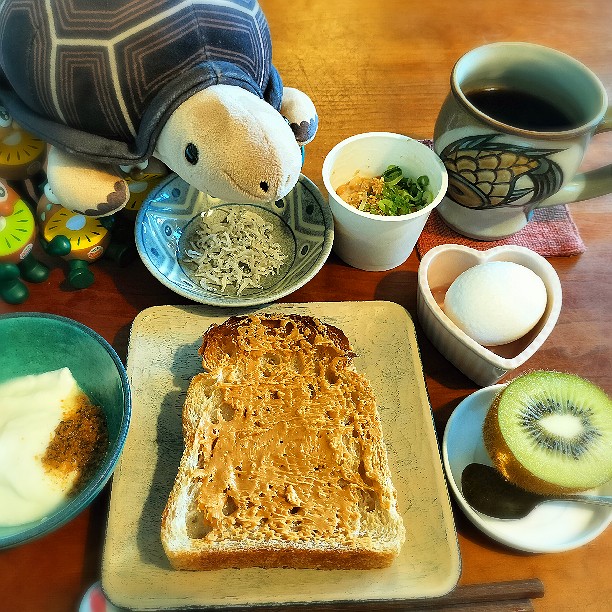 ﾋﾟｰﾅｯﾂﾊﾞﾀｰﾄｰｽﾄ🥜🍞
りんご酢アマニ油納豆🍎
黒ごまきな粉ヨーグルト🐮
ちりめんじゃこ🐟
ゆで卵🐣
グリーン🥝
コーヒー☕️🌄