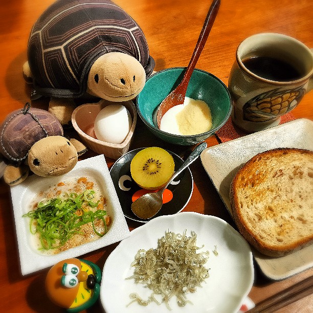 石窯ライ麦入りブレッド🥖
りんご酢アマニ油納豆🍎
おからパウダーヨーグルト🐮
ちりめんじゃこ🐟
ゆで卵🐣
ゴールド🥝
コーヒー☕️🌄