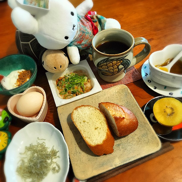 フランスパン🥖ｱﾋｰｼﾞｮｵｲﾙ添え
りんご酢アマニ油納豆🍎
黒ごまきな粉ヨーグルト🐮
ちりめんじゃこ🐟
ゆで卵🐣
ゴールド🥝
コーヒー☕️🌄